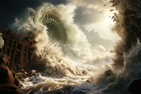 Tsunami Impact Massive waves crashing onto a shoreline, causing widespread destruction.Generated with AIの素材