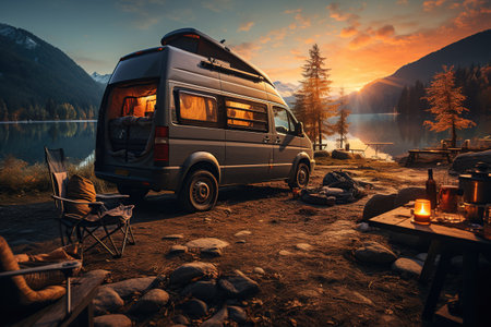 camping van parked in a beautiful natural setting, campfire clear night sky,Generated with AIの素材