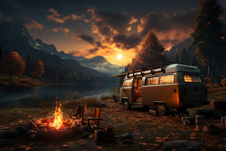 camping van parked in a beautiful natural setting, campfire clear night sky,Generated with AIの素材