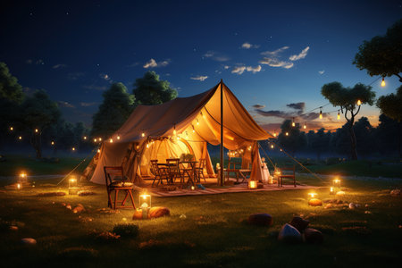 Camping under the Stars outdoor camping tent with a tarp or flysheet set up on a grass courtyard.Generated with AIの素材
