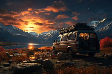 camping van parked in a beautiful natural setting, campfire clear night sky,Generated with AIの素材