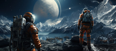 Space Exploration Astronauts on a distant planet surface representing explore the cosmos. Generated with AIの素材