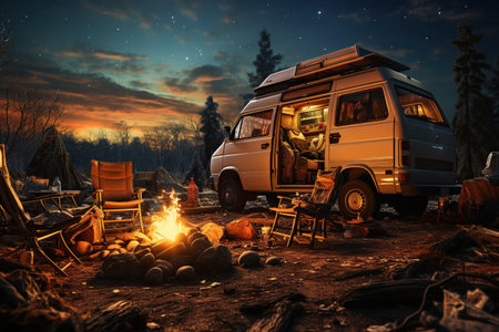 camping van parked in a beautiful natural setting, campfire clear night sky,Generated with AIの素材