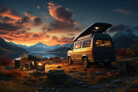 camping van parked in a beautiful natural setting, campfire clear night sky,Generated with AIの素材