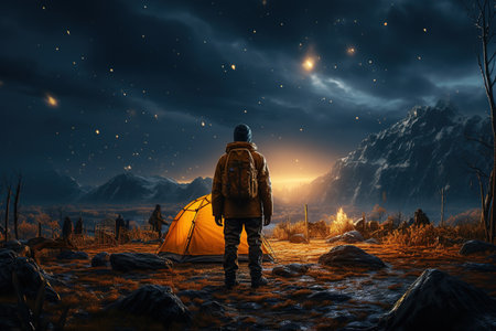 Adventurous Tourists Under Starry Sky tourist with flashlight stands near glowing yellow tent,Generated with AIの素材