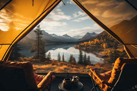 Camping in a yellow tent, holding a cup, with a stunning Lake view,Generated with AIの素材
