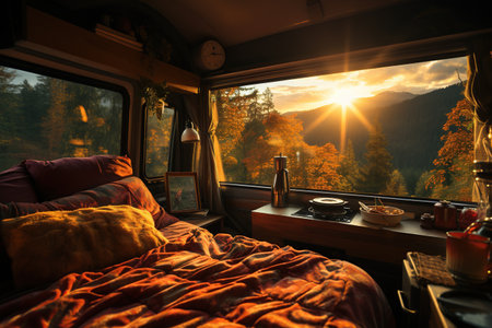 steaming cup coffee cozy van life morning slow tranquil lifestyle,Generated with AIの素材