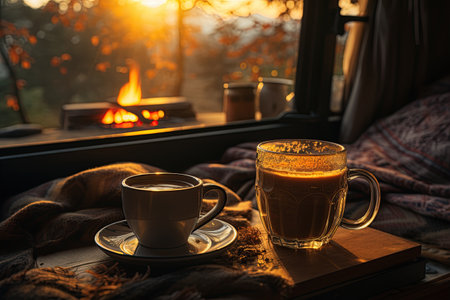 steaming cup coffee cozy van life morning slow tranquil lifestyle,Generated with AIの素材