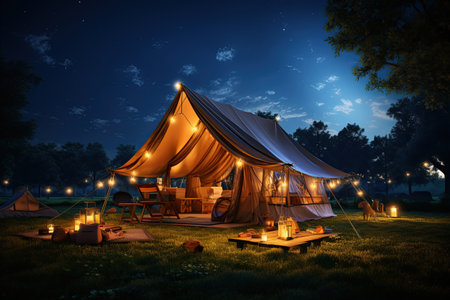 Camping under the Stars outdoor camping tent with a tarp or flysheet set up on a grass courtyard.Generated with AIの素材