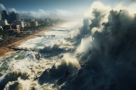 Tsunami Impact Massive waves crashing onto a shoreline, causing widespread destruction.Generated with AIの素材