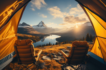 Camping in a yellow tent, holding a cup, with a stunning Lake view,Generated with AIの素材