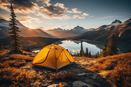 Camping in a yellow tent, holding a cup, with a stunning Lake view,Generated with AIの素材