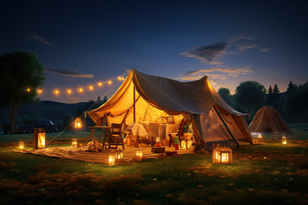 Camping under the Stars outdoor camping tent with a tarp or flysheet set up on a grass courtyard.Generated with AIの素材