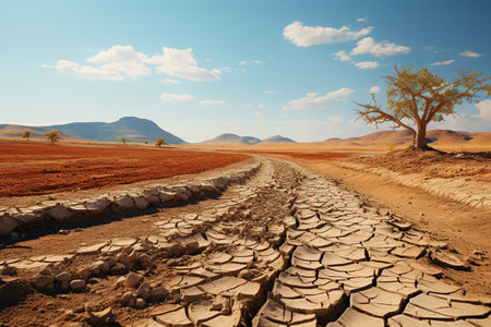 Drought Consequences: Barren and cracked earth in an arid region suffering from severe drought.Generated with AIの素材