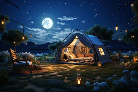 Camping under the Stars outdoor camping tent with a tarp or flysheet set up on a grass courtyard.Generated with AIの素材