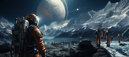 Space Exploration Astronauts on a distant planet surface representing explore the cosmos. Generated with AIの素材