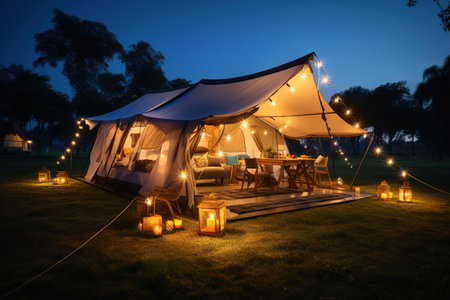 Camping under the Stars outdoor camping tent with a tarp or flysheet set up on a grass courtyard.Generated with AIの素材