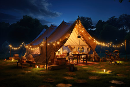 Camping under the Stars outdoor camping tent with a tarp or flysheet set up on a grass courtyard.Generated with AIの素材
