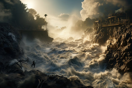 Tsunami Impact Massive waves crashing onto a shoreline, causing widespread destruction.Generated with AIの素材