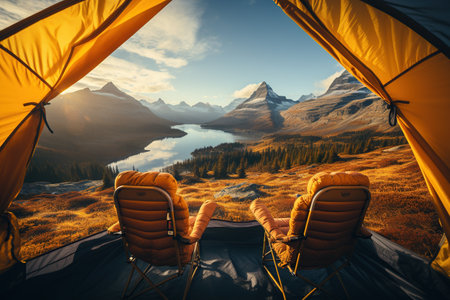 Camping in a yellow tent, holding a cup, with a stunning Lake view,Generated with AIの素材