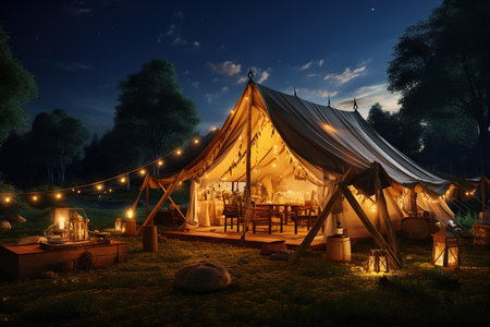 Camping under the Stars outdoor camping tent with a tarp or flysheet set up on a grass courtyard.Generated with AIの素材