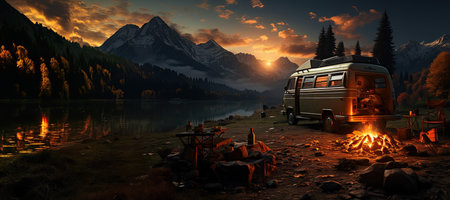 camping van parked in a beautiful natural setting, campfire clear night sky,Generated with AIの素材