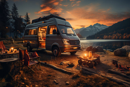 camping van parked in a beautiful natural setting, campfire clear night sky,Generated with AIの素材