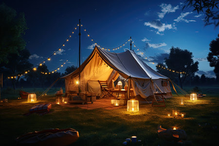 Camping under the Stars outdoor camping tent with a tarp or flysheet set up on a grass courtyard.Generated with AIの素材