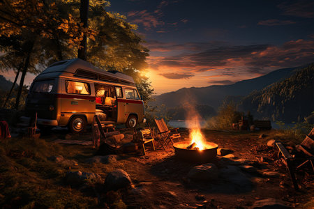 camping van parked in a beautiful natural setting, campfire clear night sky,Generated with AIの素材