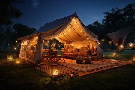 Camping under the Stars outdoor camping tent with a tarp or flysheet set up on a grass courtyard.Generated with AIの素材