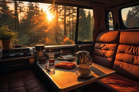 steaming cup coffee cozy van life morning slow tranquil lifestyle,Generated with AIの素材