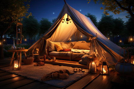 Camping under the Stars outdoor camping tent with a tarp or flysheet set up on a grass courtyard.Generated with AIの素材