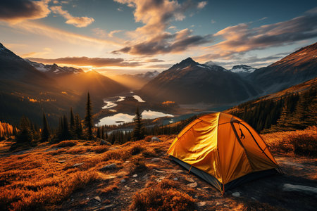 Camping in a yellow tent, holding a cup, with a stunning Lake view,Generated with AIの素材