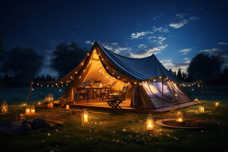 Camping under the Stars outdoor camping tent with a tarp or flysheet set up on a grass courtyard.Generated with AIの素材