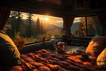 steaming cup coffee cozy van life morning slow tranquil lifestyle,Generated with AIの素材