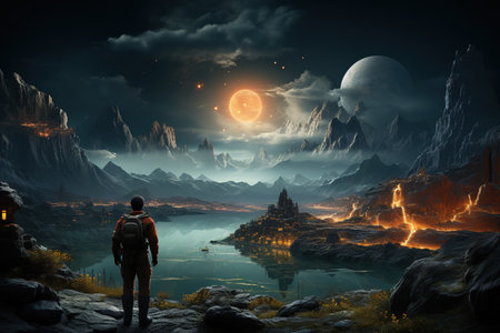 Space Exploration Astronauts on a distant planet surface representing explore the cosmos. Generated with AIの素材