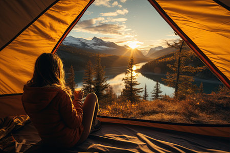 Camping in a yellow tent, holding a cup, with a stunning Lake view,Generated with AIの素材