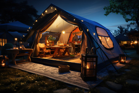 Camping under the Stars outdoor camping tent with a tarp or flysheet set up on a grass courtyard.Generated with AIの素材