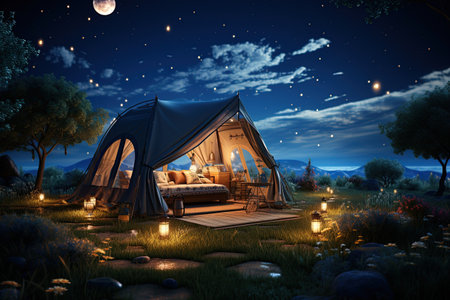 Camping under the Stars outdoor camping tent with a tarp or flysheet set up on a grass courtyard.Generated with AIの素材