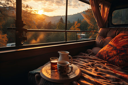 steaming cup coffee cozy van life morning slow tranquil lifestyle,Generated with AIの素材