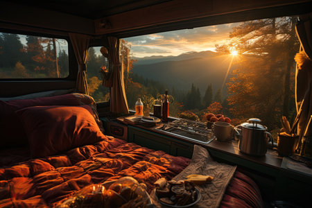 steaming cup coffee cozy van life morning slow tranquil lifestyle,Generated with AIの素材