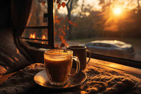 steaming cup coffee cozy van life morning slow tranquil lifestyle,Generated with AIの素材