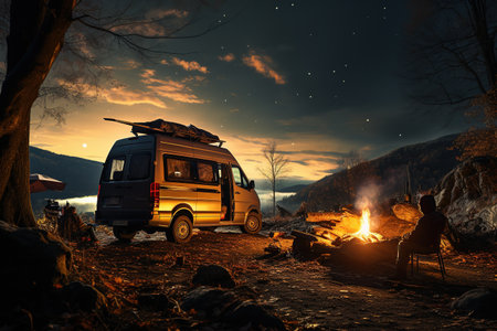 camping van parked in a beautiful natural setting, campfire clear night sky,Generated with AIの素材