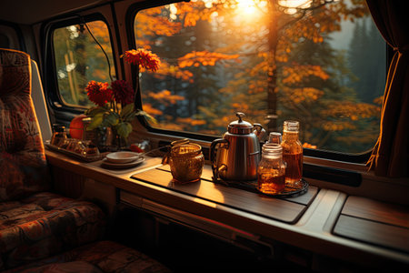 steaming cup coffee cozy van life morning slow tranquil lifestyle,Generated with AIの素材