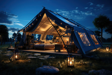 Camping under the Stars outdoor camping tent with a tarp or flysheet set up on a grass courtyard.Generated with AIの素材