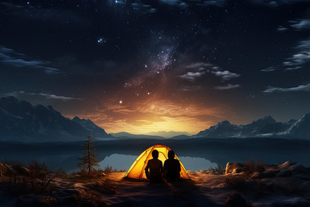 Adventurous Tourists Under Starry Sky tourist with flashlight stands near glowing yellow tent,Generated with AIの素材