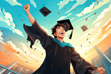 Graduation: A proud graduate in a cap and gown celebrates their academic achievement,Generated with AIの素材