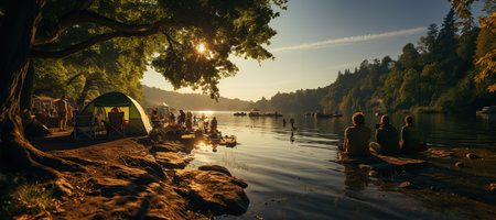 Multigenerational family camping by a lake, with a young boy and grandpa fishing in the middle, side view,Generated with AIの素材