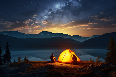 Adventurous Tourists Under Starry Sky tourist with flashlight stands near glowing yellow tent,Generated with AIの素材