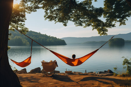 Relaxing by the Orange Hammock: Two individuals unwind on an orange hammock, enjoying a serene lakeside view,Generated with AIの素材